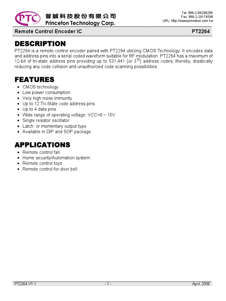 PT2264 Remote Control Encoder IC | PDF | Electronics | Electrical ...