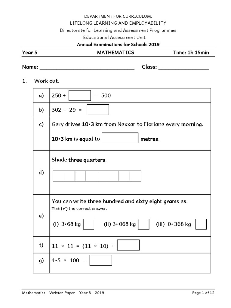 Year 5 Mathematics Exam 2019 | PDF | Litre | Area