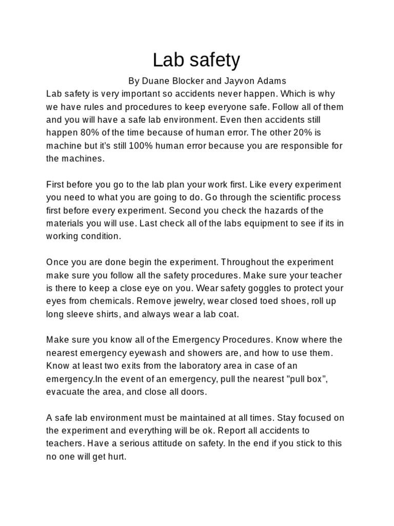 Lab Safety Essay PDF Laboratories Prevention