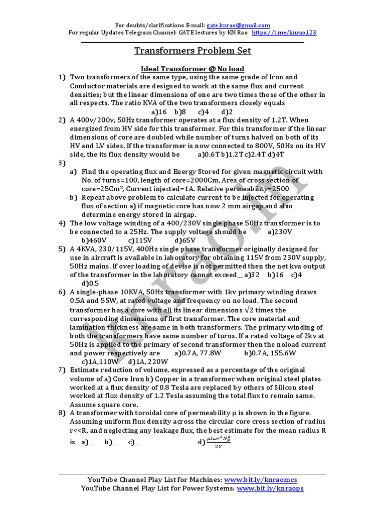 Electrical Machines Problem Set V2 PDF PDF Transformer Electric