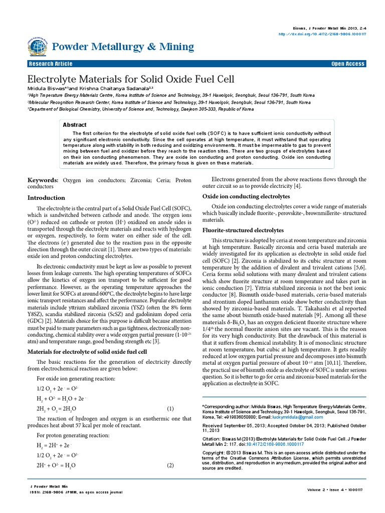 Electrolyte Materials For Solid Oxide Fuel Cell 2168 9806-2-117 | PDF ...