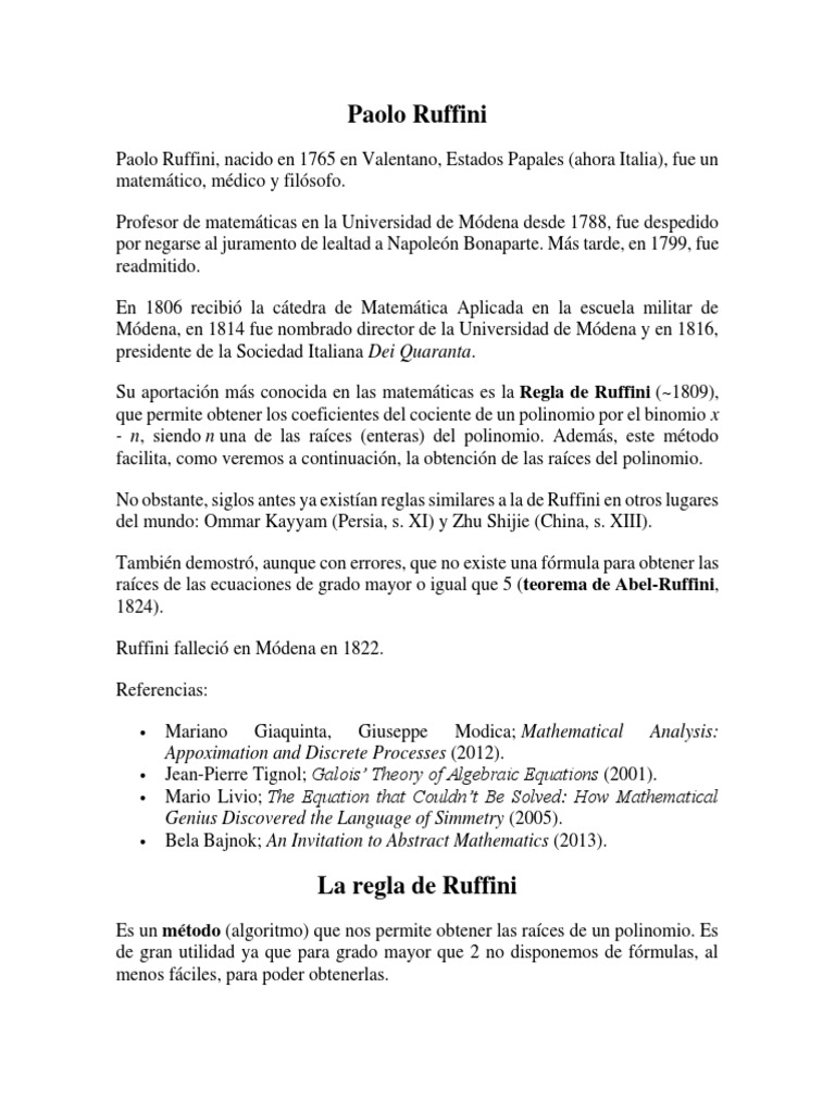 Biografía y legado de Paolo Ruffini | PDF | Álgebra abstracta | Álgebra