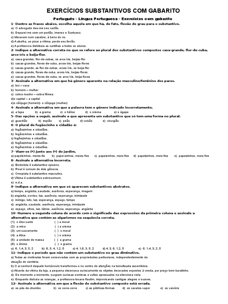 Exercícios Substantivos Com Gabarito | PDF | Plural