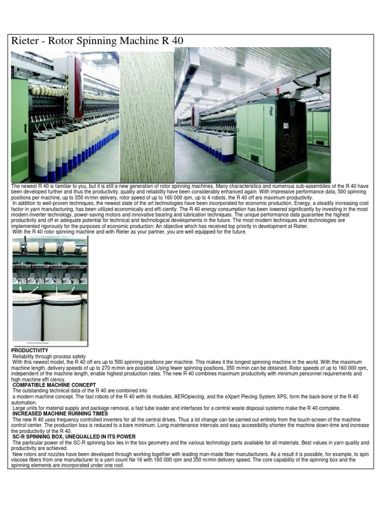 Rieter - Rotor Spinning Machine R 40 | PDF | Spinning (Textiles) | Yarn