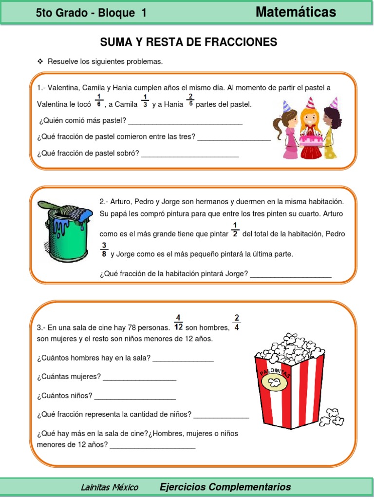 5to Grado - Matemáticas - Suma y Resta de Fracciones | PDF