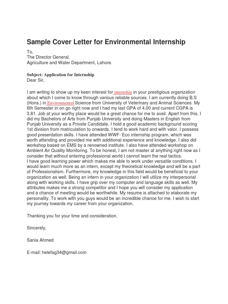 Sample Cover Letter For Environmental Internship PDF Engineering