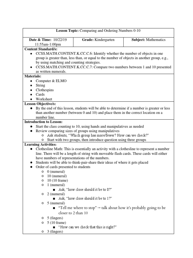 Lesson Plan Math Clothesline PDF Educational Psychology