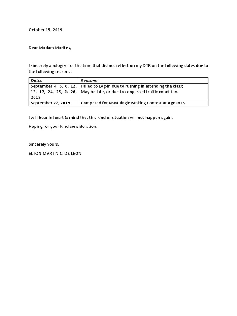 Explanation letter for dtr pdf