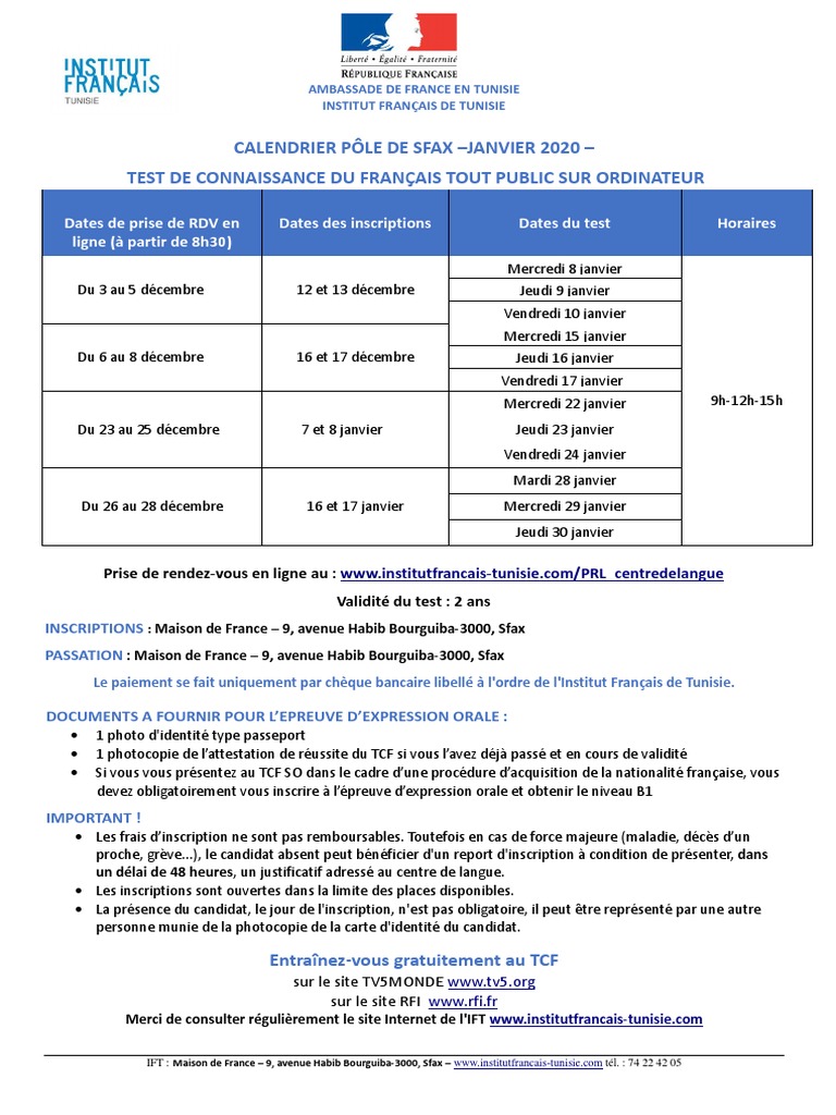 Calendrier Tcf Tp So Sfax Janvier Pdf