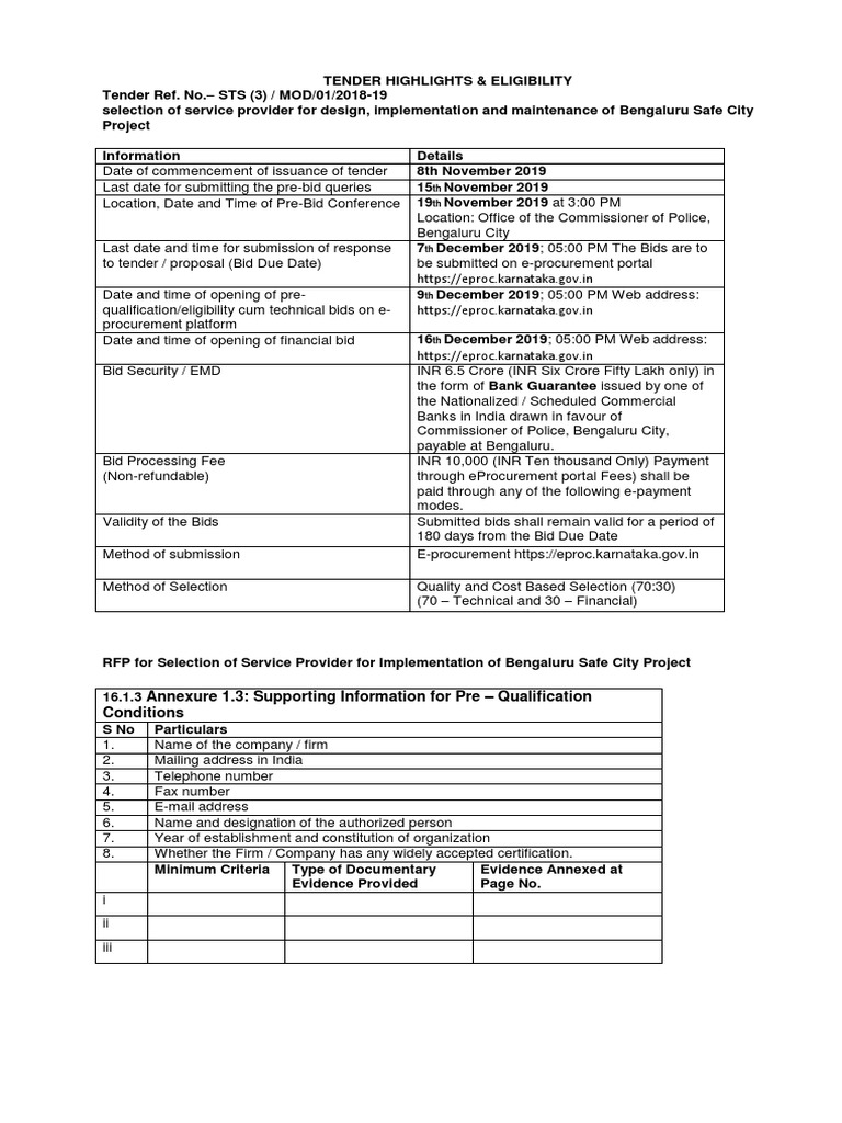 Bengaluru Safe City Project RFP Details | PDF | Request For Proposal ...