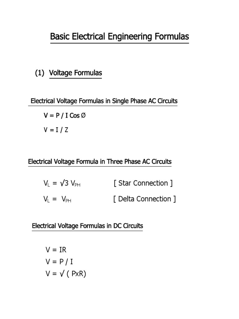 Basic Electrical Engineering Formulas