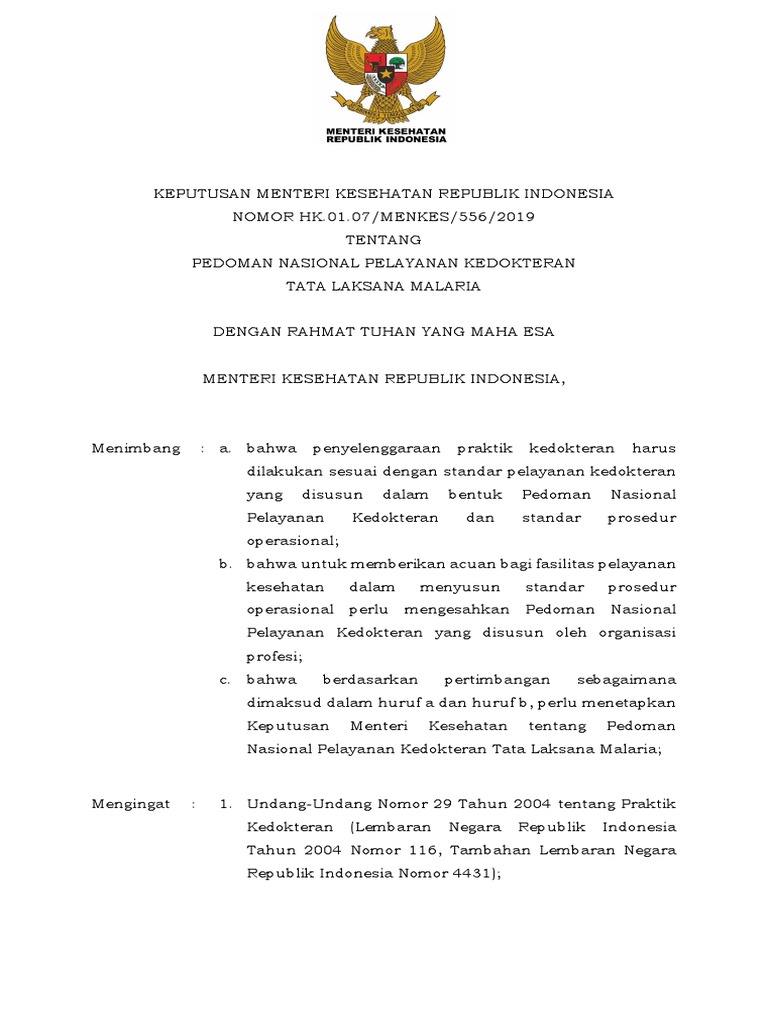 Mk Tahun 2019 Nomor 556 Tentang Pnpk Tata Laksana Malaria Pdf