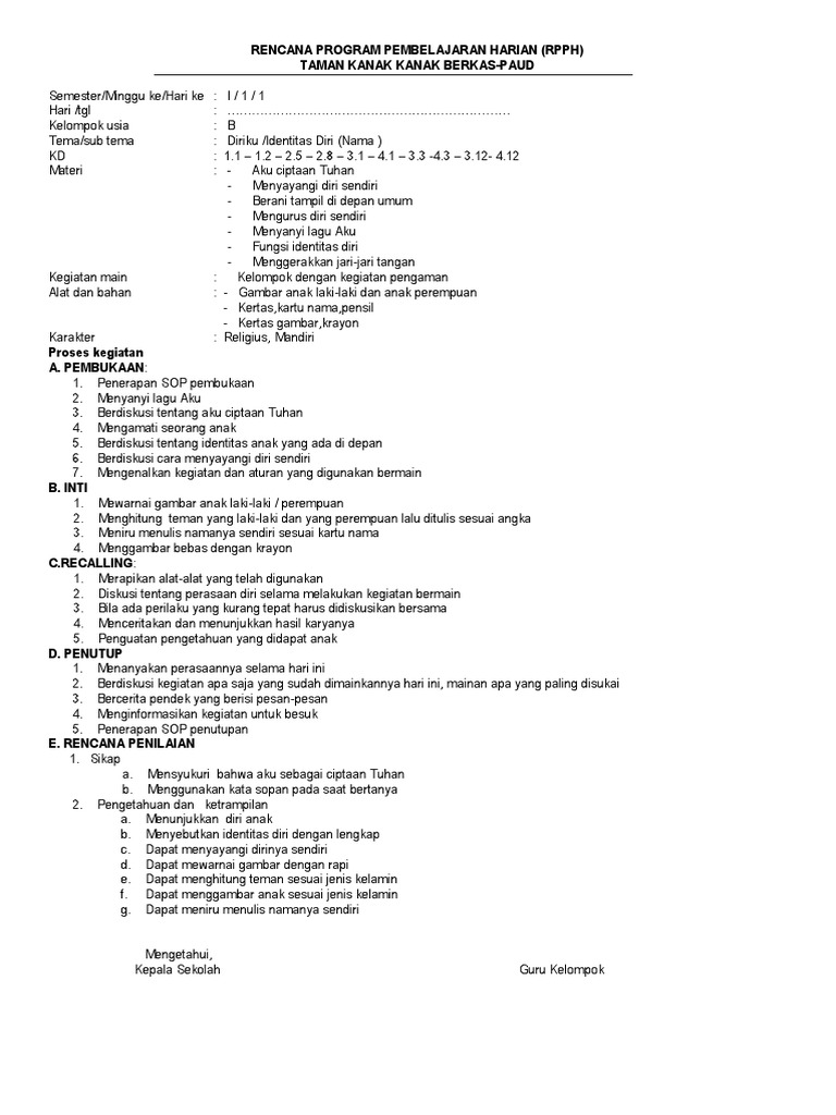 RPPH Tema Diriku untuk PAUD Usia 5-6 Tahun | PDF