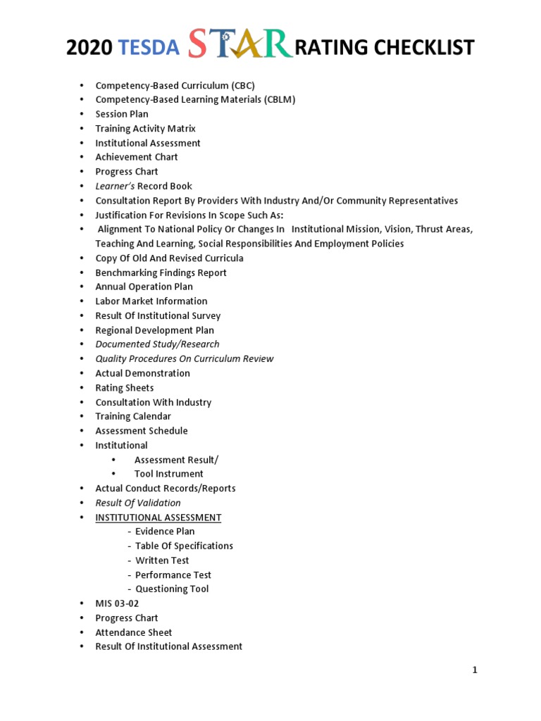 2020 TESDA Star Rating Checklist | PDF | Program Evaluation | Curriculum