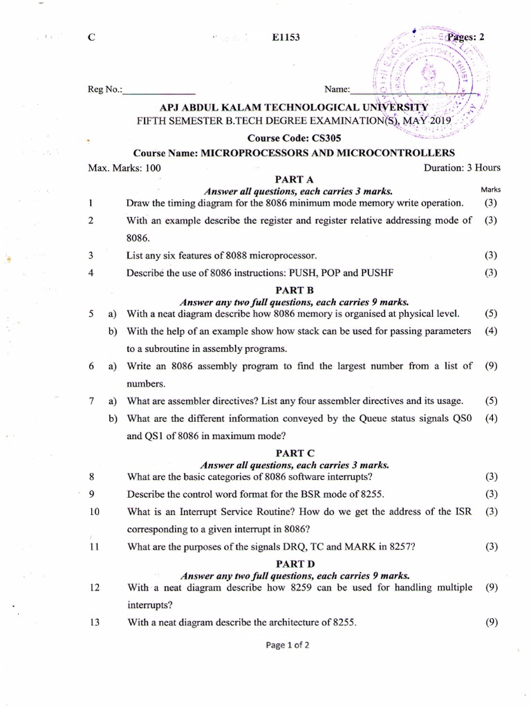 KTU S5 microprocessor and microcontroller CSE May 2019 question paper