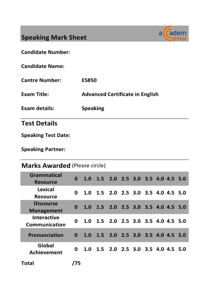 CAE Speaking Test Mark Sheet | PDF | Career & Growth