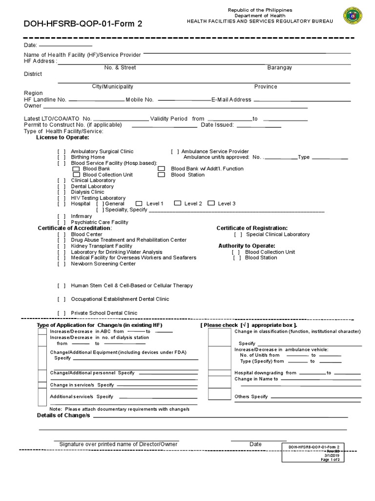 DOH HFSRB QOP 01 Form 2 3212019 postedDOH PDF Clinic Medical