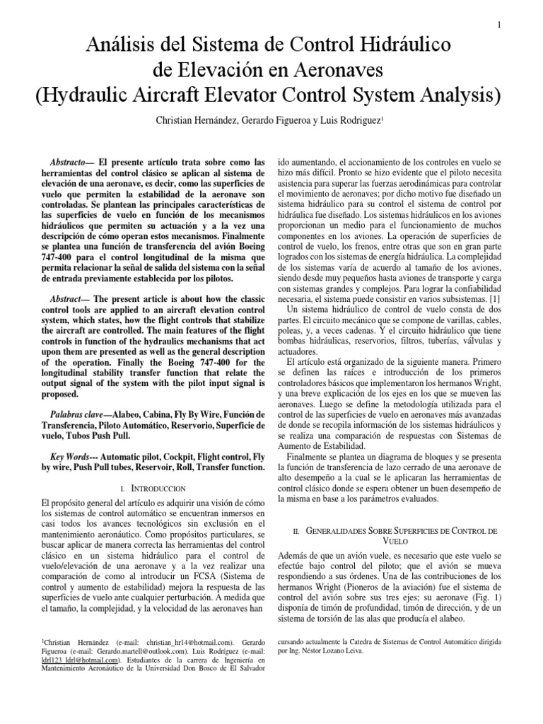 Aircraft Elevator Control System PDF Avión Aeroespacial