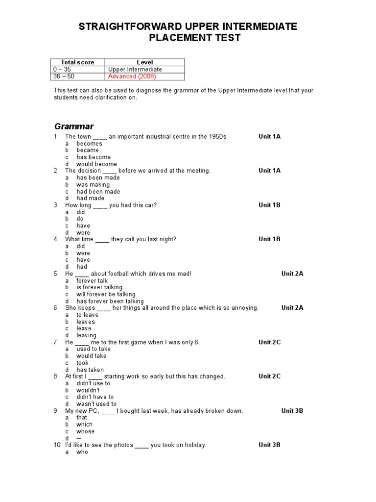 Upper Intermediate Placement Test | PDF