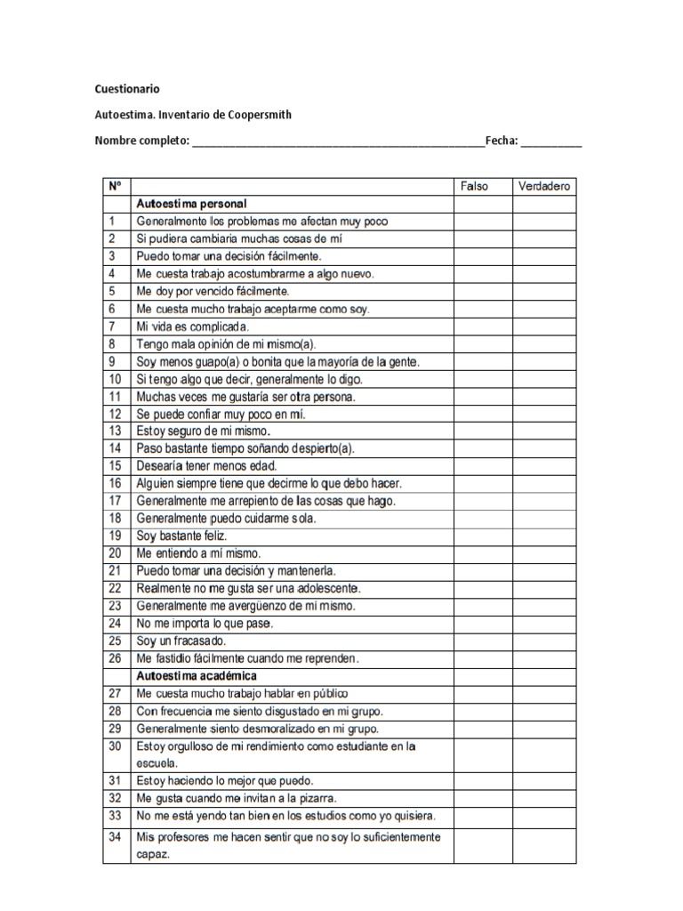 Cuestionario de Autoestima y Habilidades Sociales | PDF | Crecimiento ...