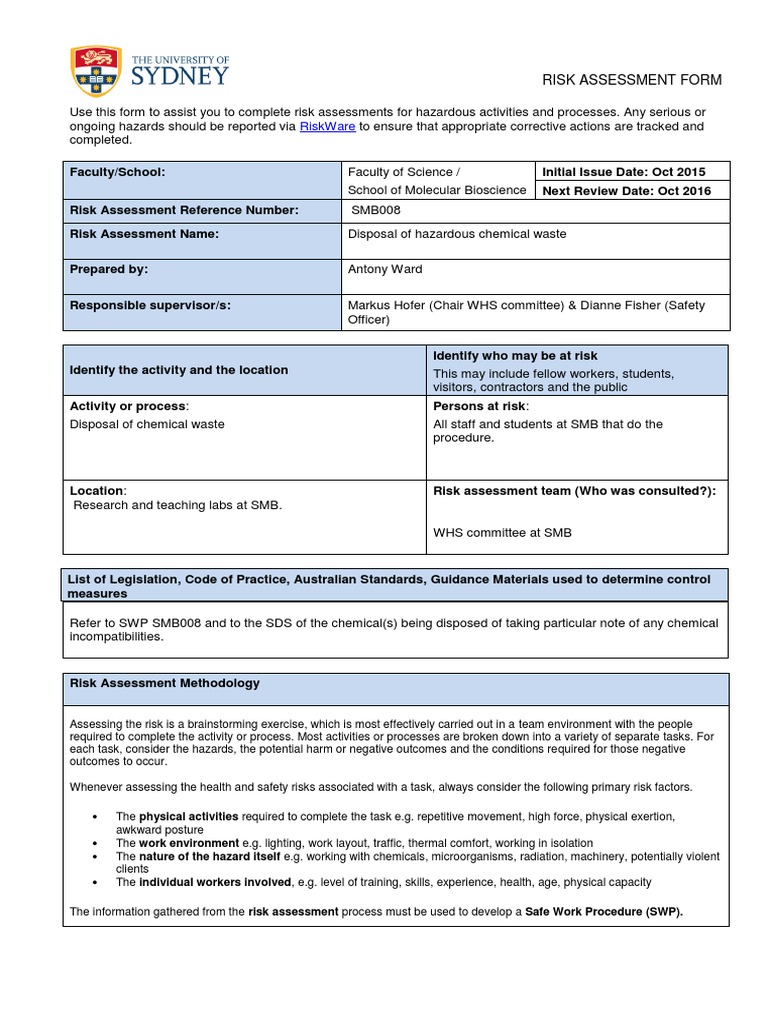 SMB008 Risk Assessment Disposal of Hazardous Chemical Waste PDF | PDF ...