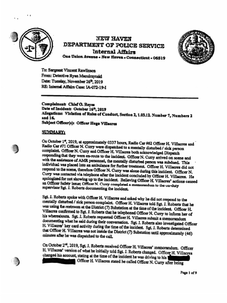 New Haven Police Department Internal Affairs Investigation