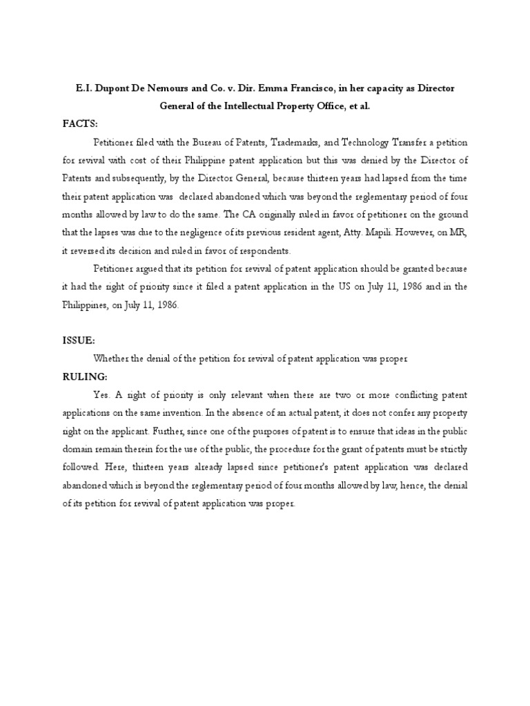 Dupont Patent Revival Denied: Case GR 174379 | PDF | Law