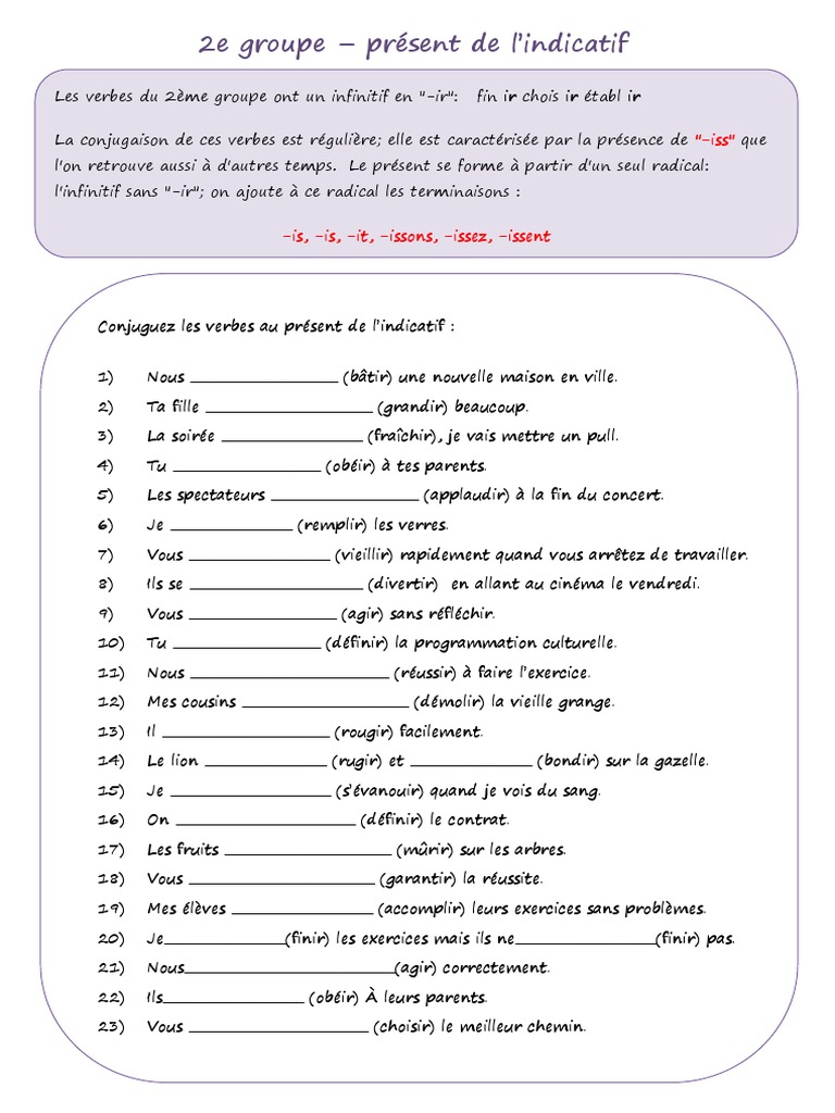 évaluation Présent De L indicatif 6ème Pdf Present de Lindicatif 2e Groupe Verbes Issant Exercice Grammatical Feuille  Dexercices 49593 | PDF | Verbe | Relations syntaxiques