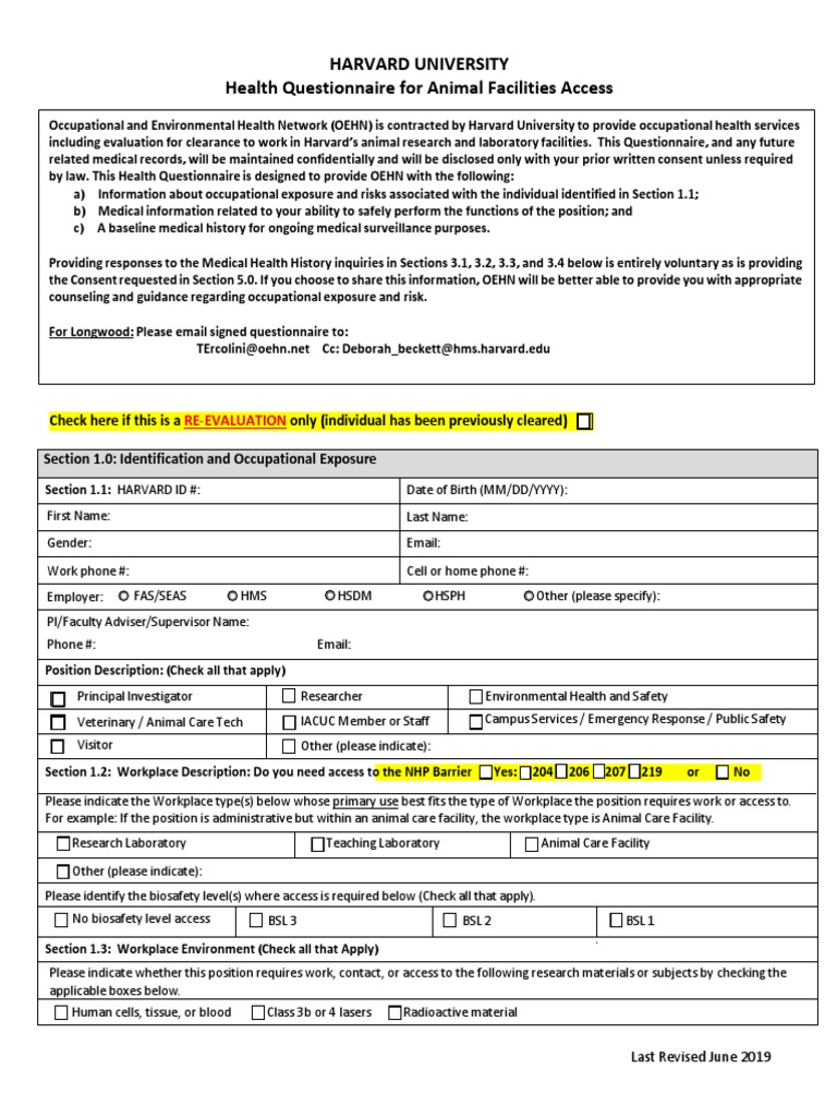 Health Questionnaire For Animal Facilities Access | PDF | Dermatitis ...