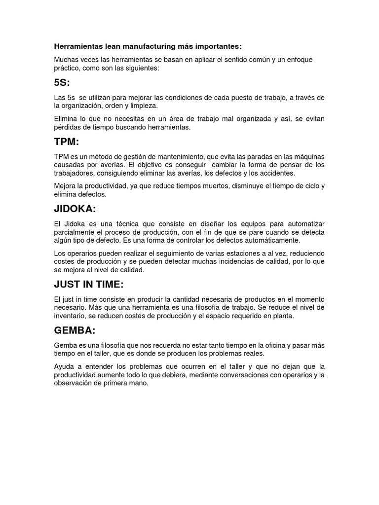 Herramientas Clave del Lean Manufacturing | PDF | Lean Manufacturing ...