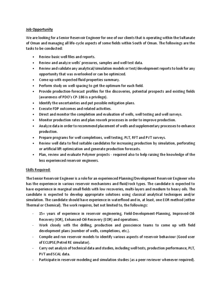 Job Opportunity Senior Reservoir Engineer, Oman PDF Petroleum