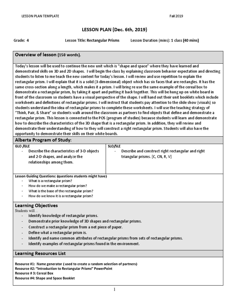 Grade 4 Lesson: Rectangular Prisms | PDF | Rectangle | Lesson Plan