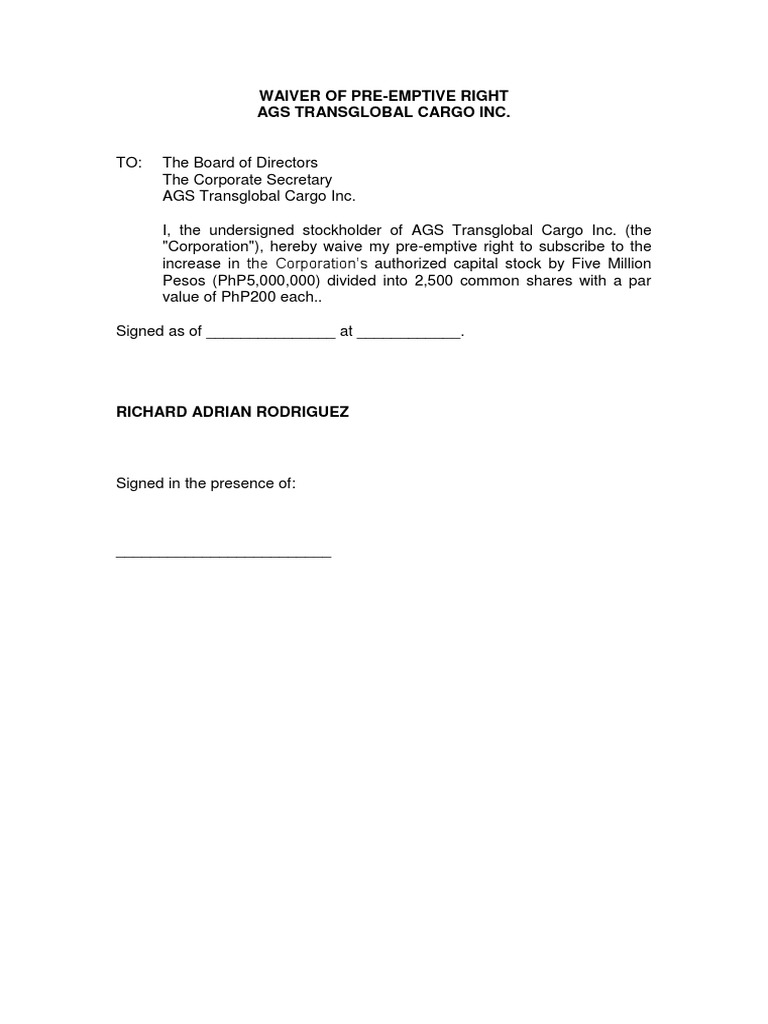 Waiver of Pre-Emptive Rights Template | PDF | Corporate Law | Financial ...