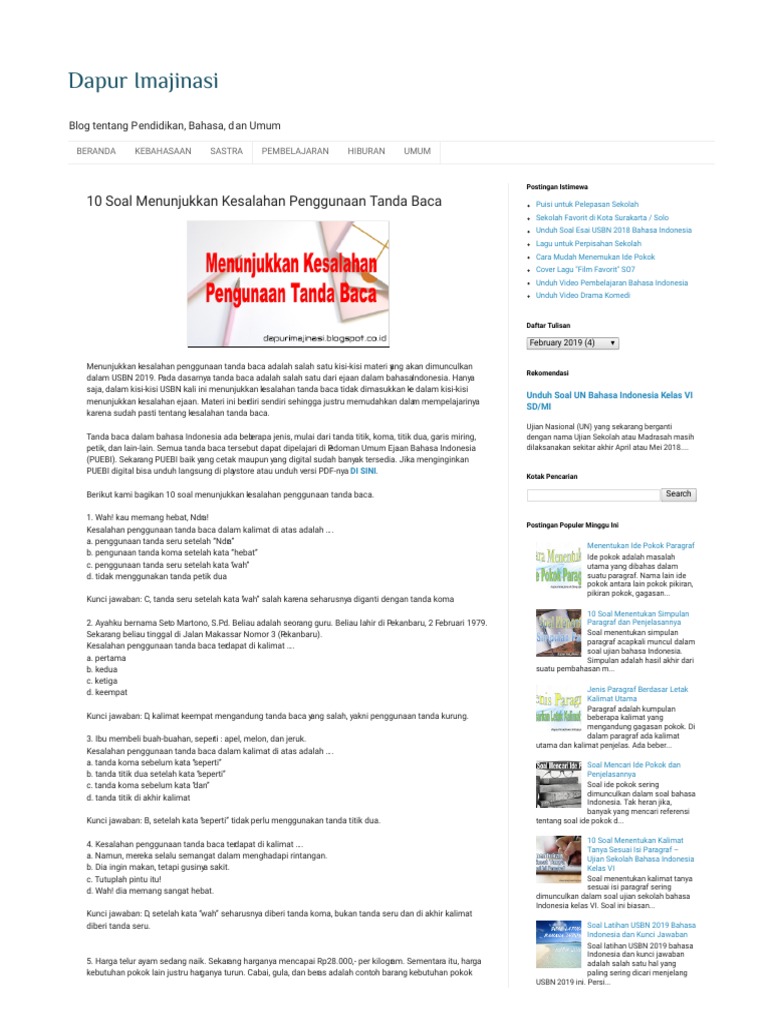 10 Soal Menunjukkan Kesalahan Penggunaan Tanda Baca Dapur Imajinasi Pdf