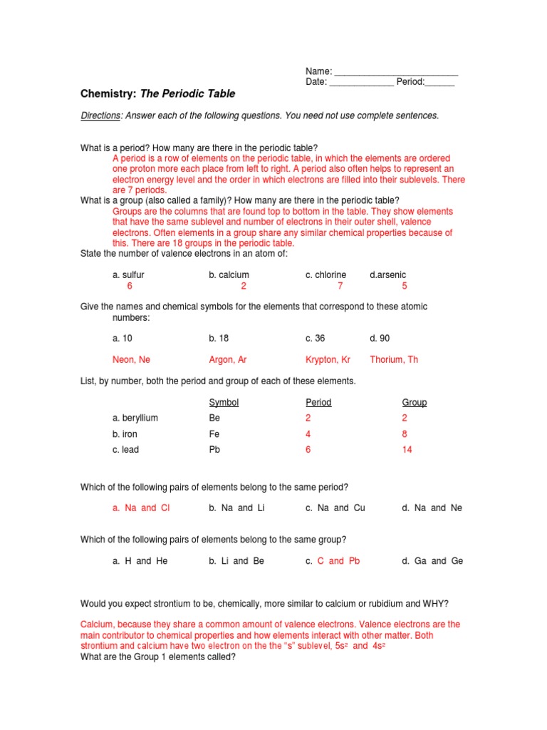 Periodic Table Trends Worksheet - Answers | PDF | Periodic Table | Chemical  Elements