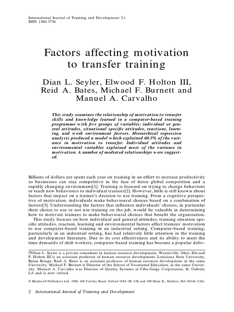Motivation Factors for Training Transfer | PDF