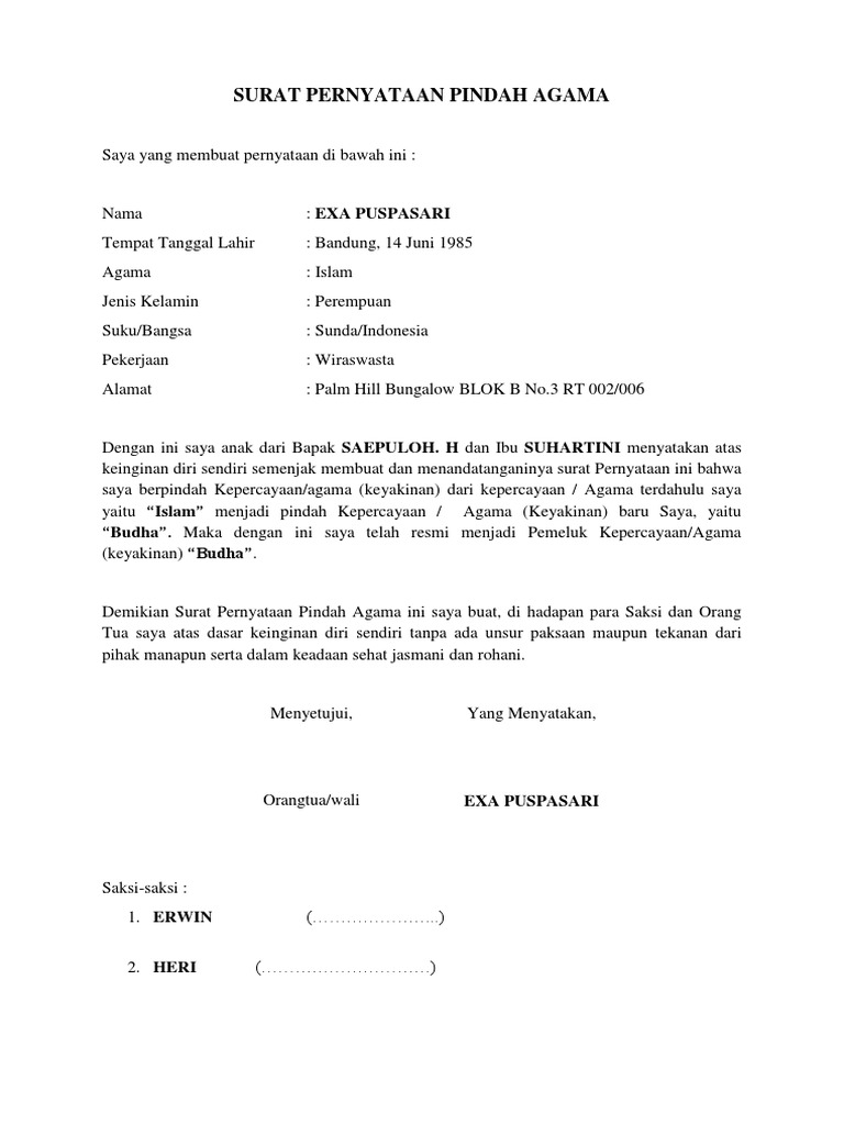 Surat Pernyataan Pindah Agama Kristen