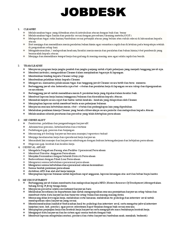 Jobdesk Berbagai Posisi Karyawan | PDF | Bisnis