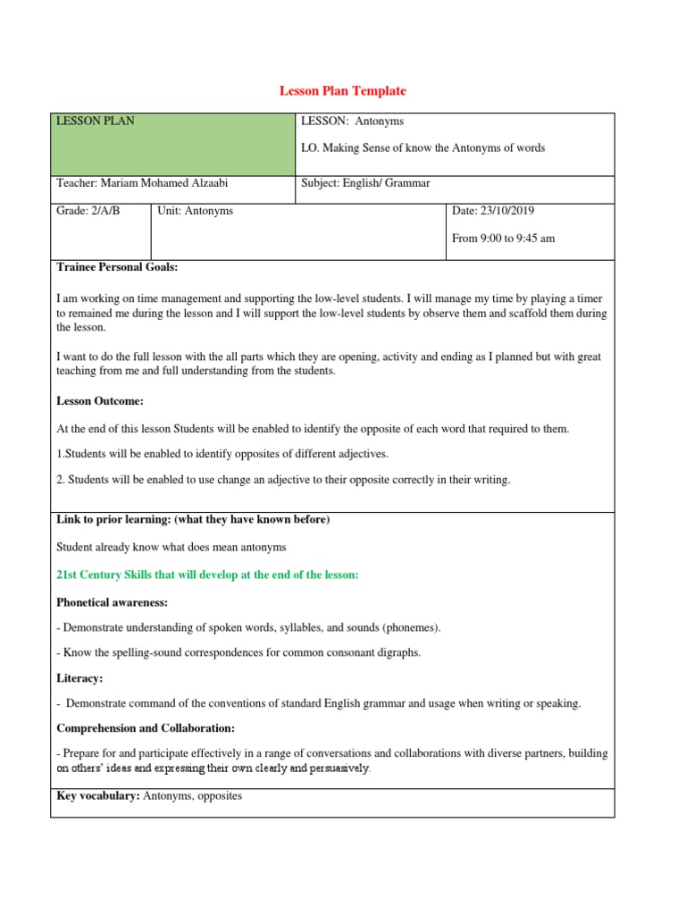 Antonyms Lesson Plan | PDF | Lesson Plan | English Language