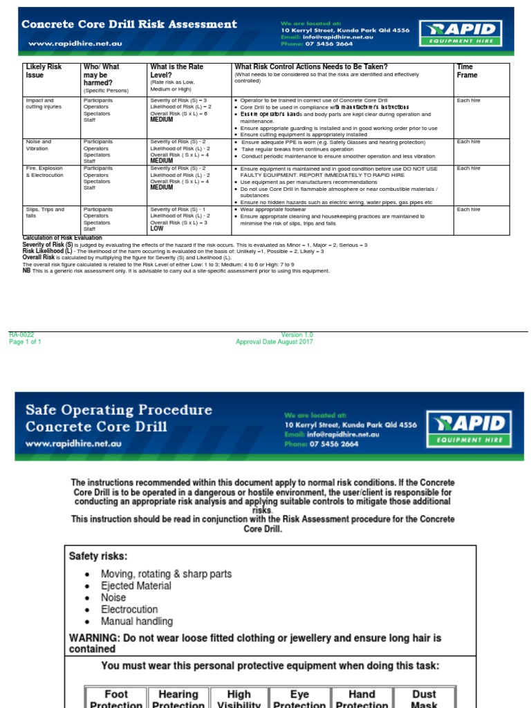 SOP SOP0022 Concrete Core Drill PDF Risk Assessment Risk