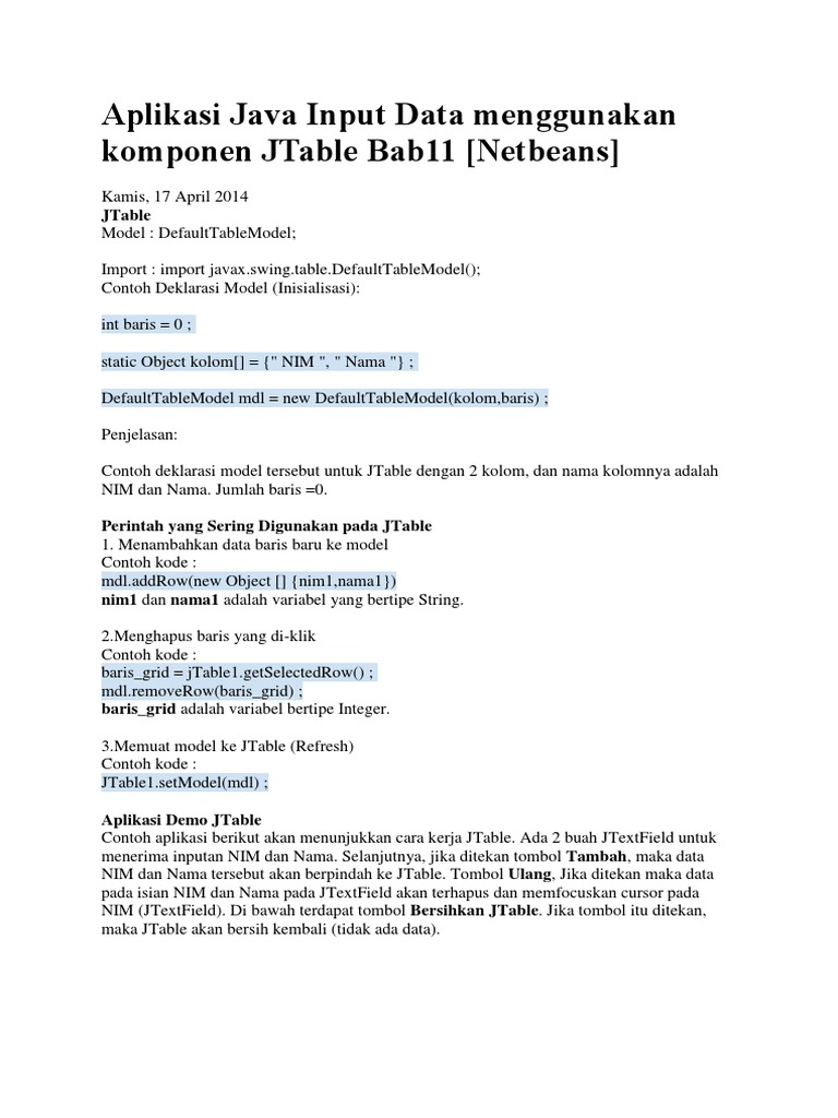 Aplikasi Java Input Data Menggunakan Komponen JTable Bab11 | PDF ...