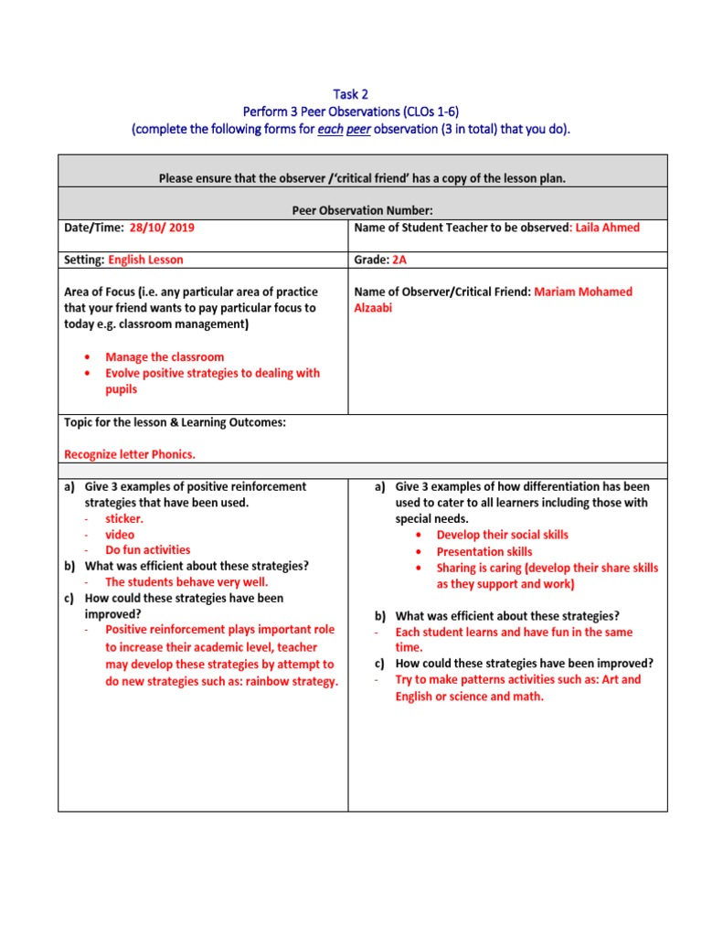 Peer Observation 2 Educational Assessment Lesson Plan