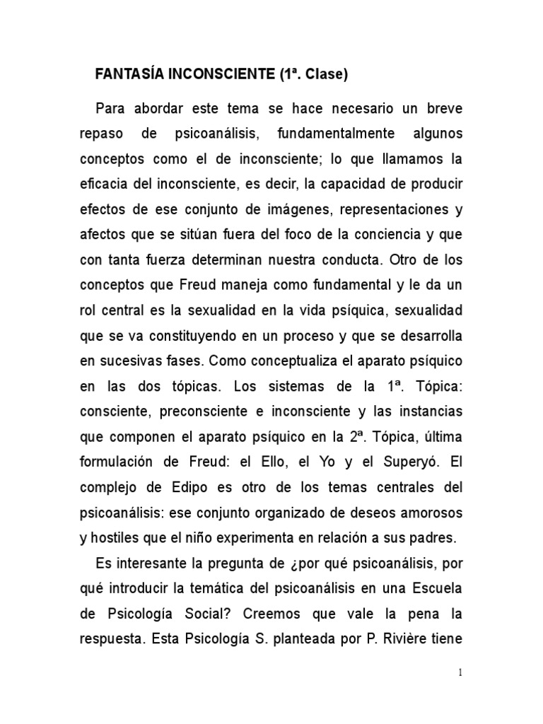Clase 1. FANTASÍA INCONSCIENTE | PDF | Mente inconsciente | Psicoanálisis