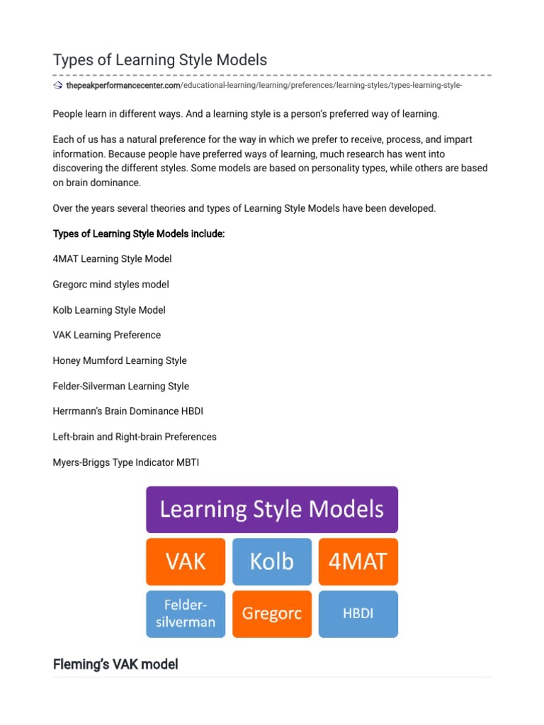 Types of Learning Style Models | PDF | Learning Styles | Learning
