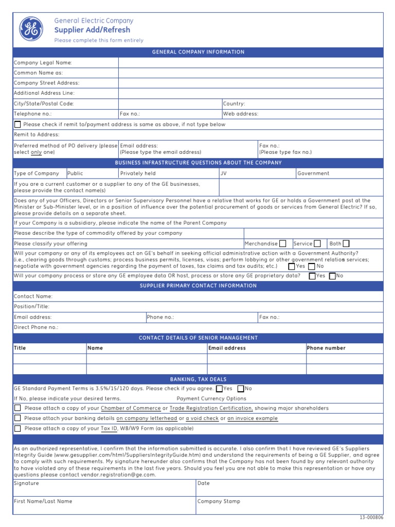 GE Supplier Registration Form | PDF | Payments | Taxes