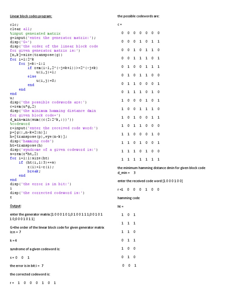 Linear Block Code MATLAB Program | PDF | Computer Programming | Notation