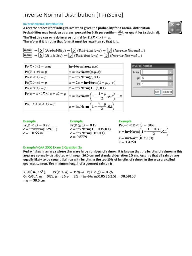 Inverse Normal Distribution Ti Nspire Percentile Normal Distribution