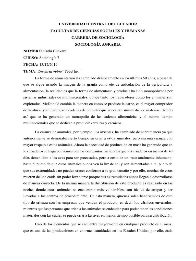 Resumen Food Inc PDF Carne Alimentos