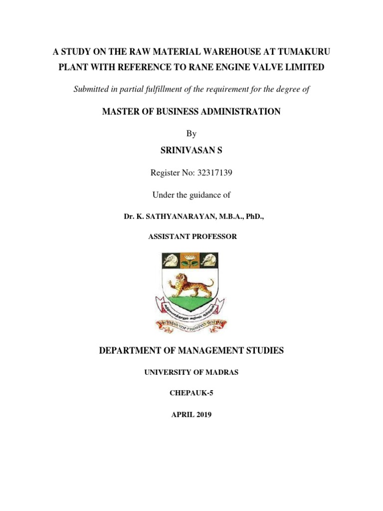 A Study On The Raw Material Warehouse at Tumakuru Plant With Reference