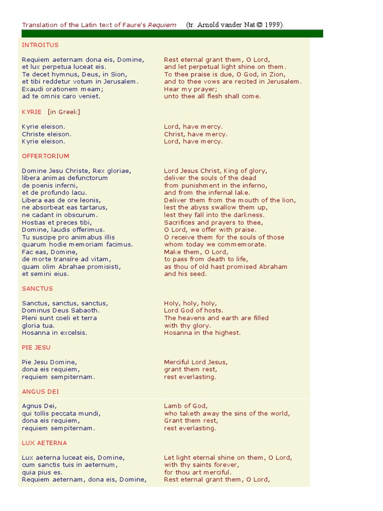 Translation of the Latin Text of Faure Mass (Liturgy) Catholic Liturgy